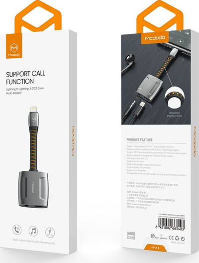 Adaptor audio Mcdodo Lightning në 3.5mm, ndarës kufjesh dhe karikim, gri metalik