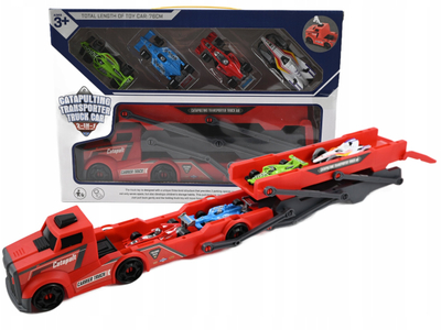 Сет играчки Midex Catapult Truck, транспортен камион со рампа, 4 автомобили Формула 1, црвен