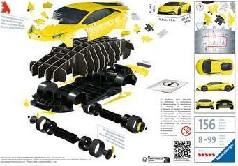 Puzzle 3D Ravensburger Lamborghini Huracan Evo Yellow Edition, 108 copa, për kalamaj nga 8 vjeç e lart, e verdhë