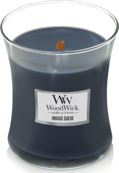 Qiri WoodWick Indigo Suede, madhësia Medium, fitil druri, indigo