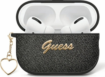 Заштитна кутија Guess Metallic Script Charm за AirPods 4, еколошка кожа, со декоративен привезок, црна