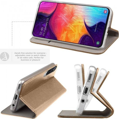 Kaburë libri Smart për Samsung Galaxy A21s, me magnet, me këmbë mbajtëse, ngjyrë gold