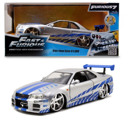 Maket makine Fast and Furious 2002 Nissan GT-R R34, shkallë 1:24, metalik, gri