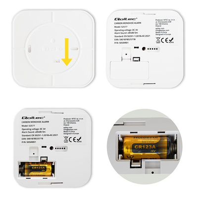 Detektor monoksidi karboni Qoltec, me bateri, alarm 85dB, i bardhë