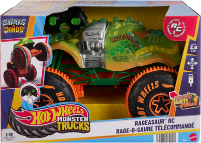 Kamion lodër me telekomandë Mattel Hot Wheels Monster Trucks RageAsaur, shkallë 1:15, shumëngjyrësh