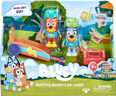 Set lodrash Bluey Rusty dhe Bluey Go Kart, 2 kukulla 2.5–3\", me gjëra shtesë, me gjithë ngjyra