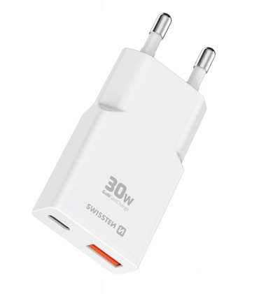 Karikues udhëtimi Swissten Slim GaN, 30W, USB C dhe USB A, i bardhë