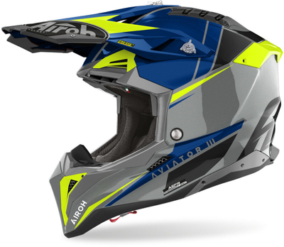 Helmetë motocross Airoh Aviator 3 Push, XL, gri blu neon e zezë