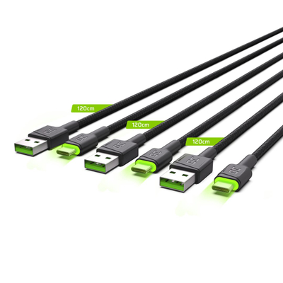 Set me kabllo karikues Green Cell Ray, 3x USB A në USB C, 120cm, LED jeshile