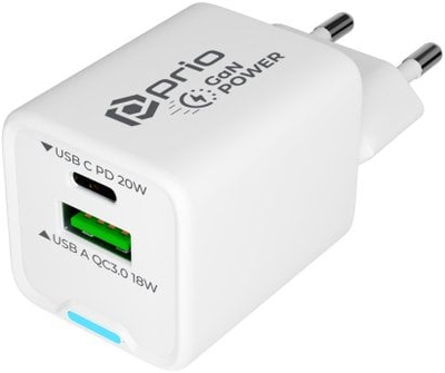 Karikues USB Prio GaN Power 20W, USB C PD, USB A QC 3.0, i bardhë