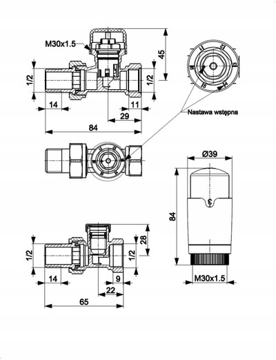 Set termostatik radiatorësh KFA Komfort Pro, i drejtë, i zi