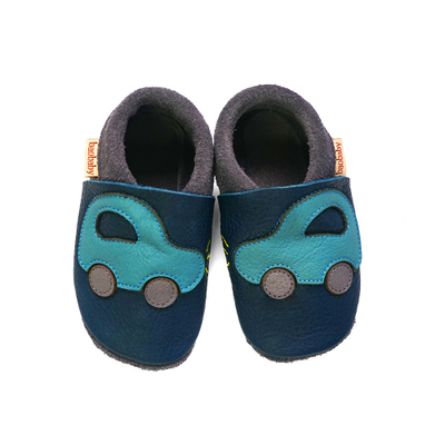 Këpucë fëmijësh Baobaby Buggy Navy, lëkurë e butë, motiv makine, blu e errët