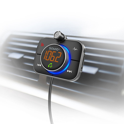 Transmetues FM për veturë Savio TR-14, Bluetooth 5.0, dy dalje të shpejta karikimi, i zi