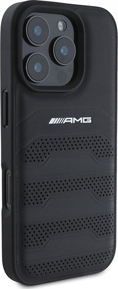 Kapak telefoni AMG Leather Debossed Lines për iPhone 16 Pro Max, lëkurë, kundra gërvishtjeve, i zi