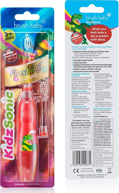 Furçë dhëmbësh sonike për fëmijë Brush-baby KidzSonic Dinosaur, 3+ vjeç, me timer 2 minuta, e kuqe