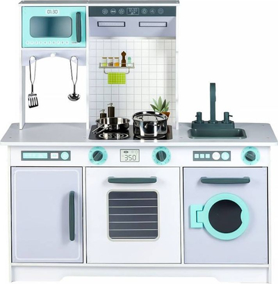 Kuzhinë druri për kalamaj ECOTOYS, set me aksesorë, ngjyra neutrale me blu