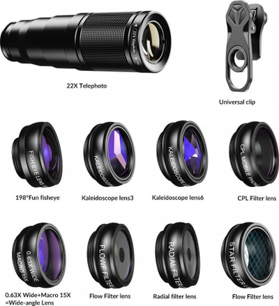 Set lentesh për smartphone Apexel 12 in 1 APL 22XDG9, 22x telefoto, fisheye, 15x makro