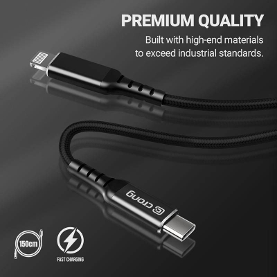 Kabllo USB Crong USB C në Lightning, 1.5 m, e zezë