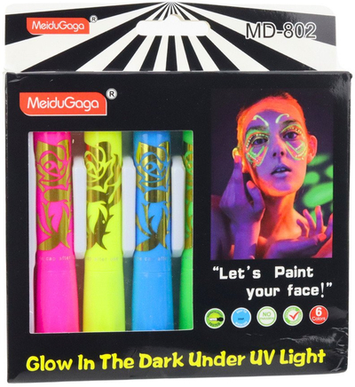 Set boje fytyre Neon UV, 6 lapsa fluorescentë, shumëngjyrëshe