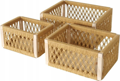 Set kuti për zbukurim Boltze Decorative Woven Wooden Box X3, dru bredhi, thurje pambuku, ngjyrë kremo