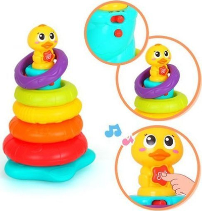 Lodër piramidë me unaza Rainbow Duck, muzikore, me drita, shumëngjyrëshe