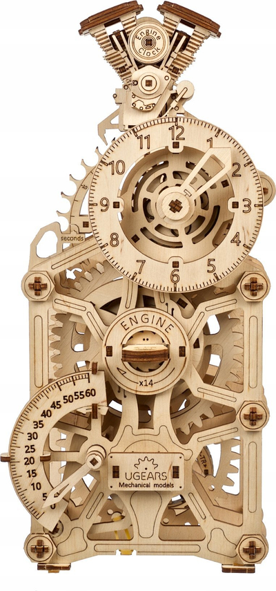 Puzzle druri Ugears Engine Clock, model 3D mekanik, orë tavoline me pendul, ngjyrë druri natyrale