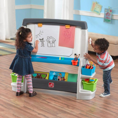 Пиктурен сет за игри Step2 Jumbo Art Easel, двостран, со полици за организирање, сива и бела