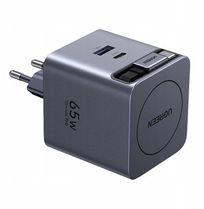 Karikues GaN UGREEN 65W me kabllo tërheqëse, USB C, i zi