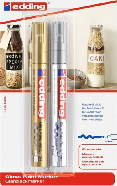 Set markera Edding E-750, majë e rrumbullakët 2-4 mm, për xham, hekur, plastikë, në ngjyrë ari dhe argjendi