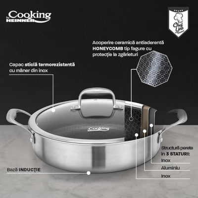 Tigan çeliku inox Heinner TITANIUM3, 30 cm, 4.8 L, me kapak