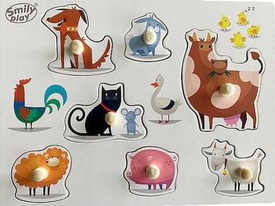 Puzzle druri Smily Play Wooden Puzzle Farm Animals, 7 copa, me ngjyra