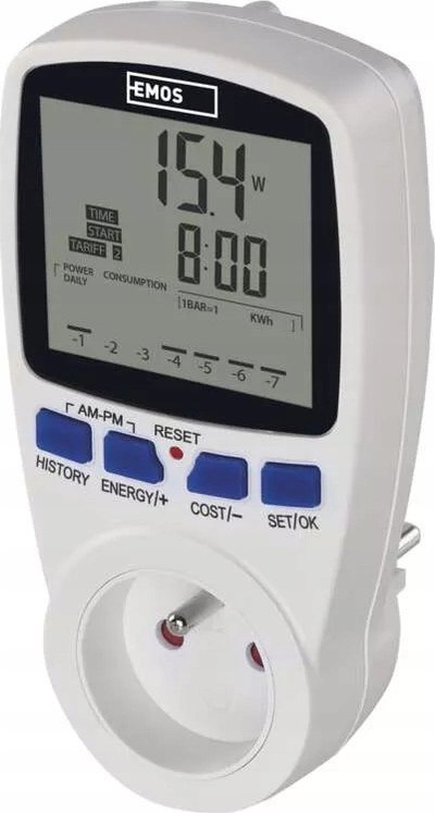 Matës rryme Emos P5805, me ekran digjital, prizë 230V, i bardhë