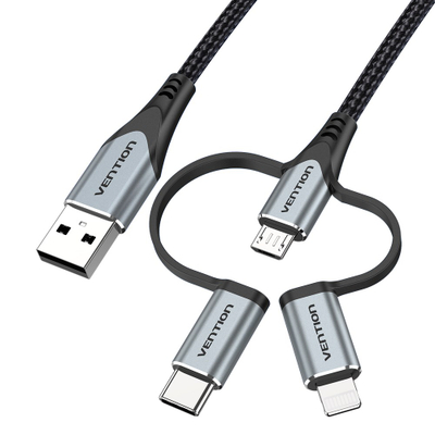 Кабел за полнење Vention 3 во 1, USB C Micro USB Lightning, 2.4A, 480Mbps, црна