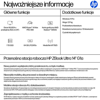 Laptop HP ZBook Ultra G1a, 14\", Ryzen AI Max PRO, 64GB RAM, 1TB SSD, ngjyrë argjendtë