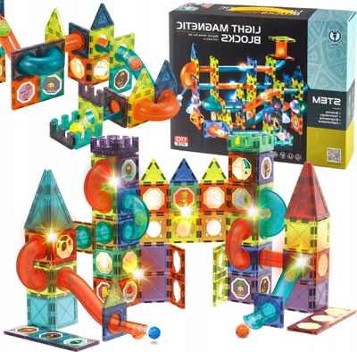 Lodër ndërtimi magnetike Light Magnetic Blocks Marble Run, 110 pjesë, me drita LED, shumëngjyrëshe