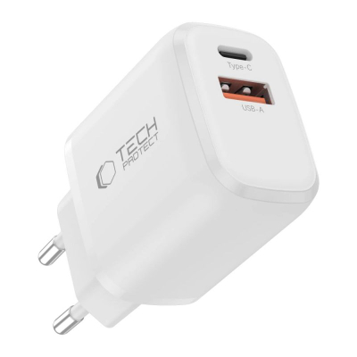 Karikues muri Tech-Protect NCA20, 20W PD QC3.0, me 2 porta USB-A edhe USB-C, i bardhë