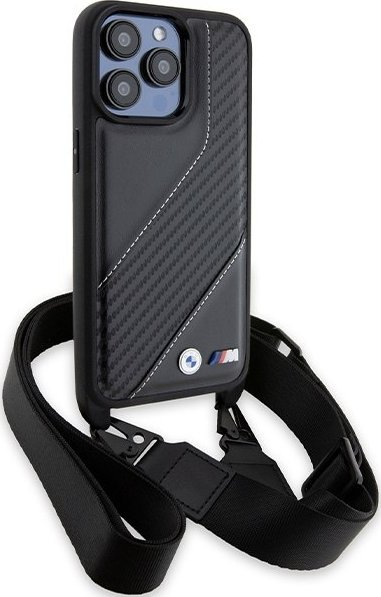 Çorape telefoni BMW M Edition Carbon Stripe, për iPhone 15 Pro, me rrip, e zezë