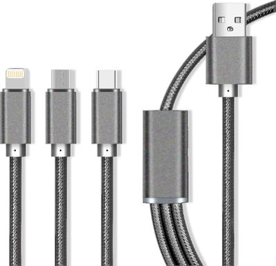 Kabllo karikimi Maxlife 3n1, Lightning USB-C microUSB, 1 m, 2.1A, gri najlon