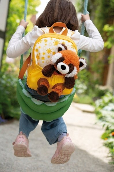 Çantë shpine për kalamaj NICI Backpack With Plush Raccoon, lodër plushe rakun 25 cm, e verdhë