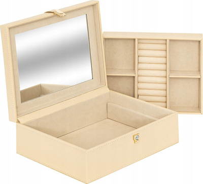 Kuti bizhuterish Hanifa Jewelry Box, me pasqyrë, plot ndarje, bezhë e hapur