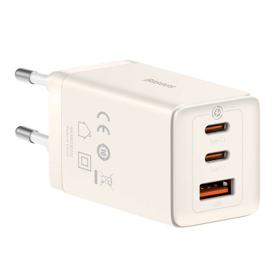 Karikues muri Baseus GaN5 2x USB-C + USB, 65W + kabllo 1m (i bardhë)