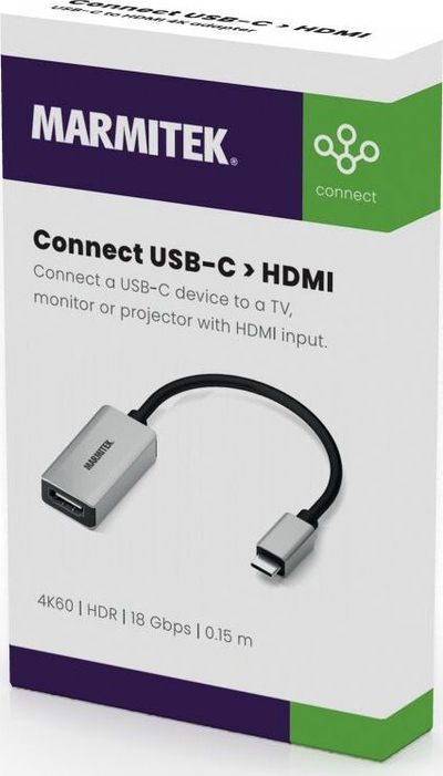 Adapter USB-C në HDMI Marmitek Connect USB-C HDMI, 0.15 m, 4K, ngjyrë argjendi