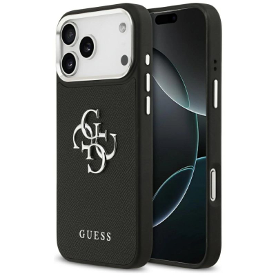 Mbulesë telefoni Guess Hardcase 4G Grained, për iPhone 17 Pro Max, TPU dhe lëkurë eco, e zezë