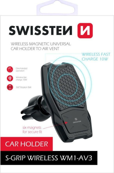 Mbajtës telefoni për makinë Swissten WM1 AV3, karikim wireless Qi, për grila ajrimi, i zi