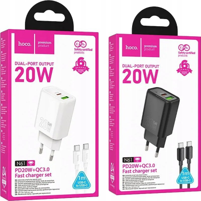 Karikues muri Hoco N61, 20W PD QC3.0, me USB A edhe USB C, i bardhë