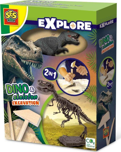 Set loje SES Creative Dinosaur and Skeleton Dig T-rex, 2 në 1, për gërmim, shumëngjyrësh