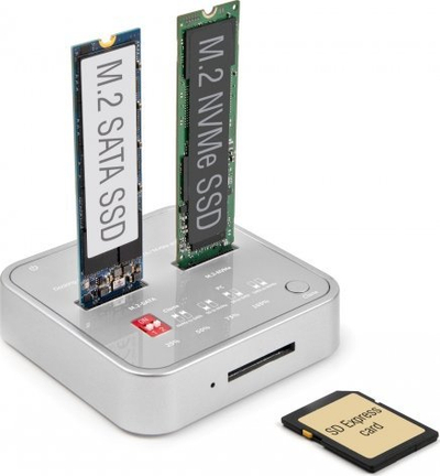 Docking station DeLOCK 64138, për M.2 SATA, NVMe edhe SD Express me USB, ngjyrë argjendi