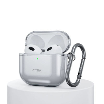 Mbrojtëse kufjesh Tech-Protect FlexAir për Apple AirPods 4, TPU, me karabinë, gri hiri