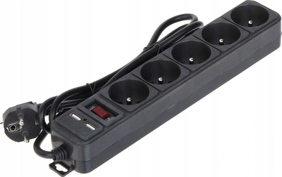 Prizë me mbrojtje Akyga AK-SP-05U, 5 dalje, 2x USB, 1.8 m, e zezë