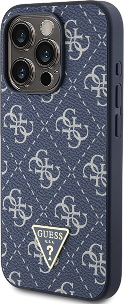 Mbulesë telefoni Guess 4G Triangle për iPhone 15 Pro Max, lëkurë eco, logo metal, blu e errët